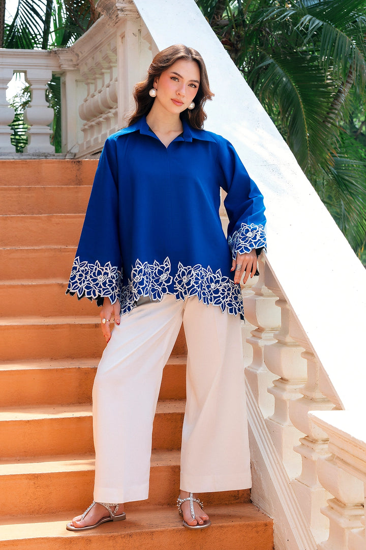 Fitted royal blue and ivory rayon silk 2-piece co-ord with white cutwork | Panache West, view 1