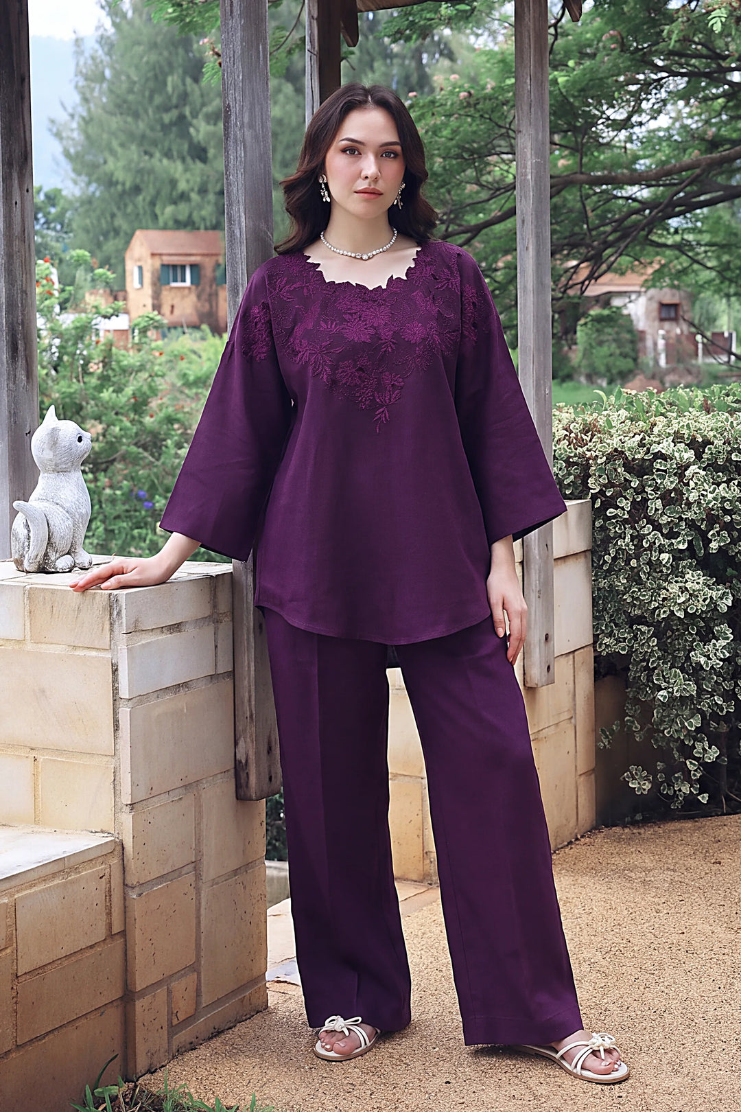 Mulberry purple rayon silk 2-piece co-ord with tonal floral embroidery | Panache West, view 1