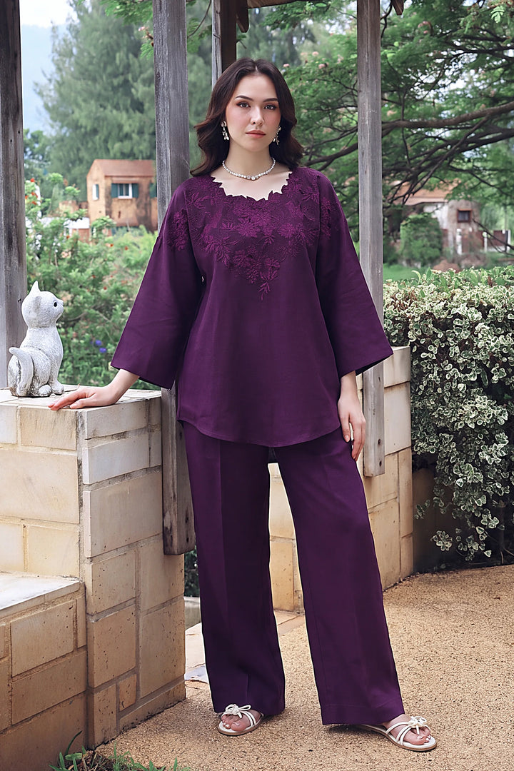 Mulberry purple rayon silk 2-piece co-ord with tonal floral embroidery | Panache West, view 1