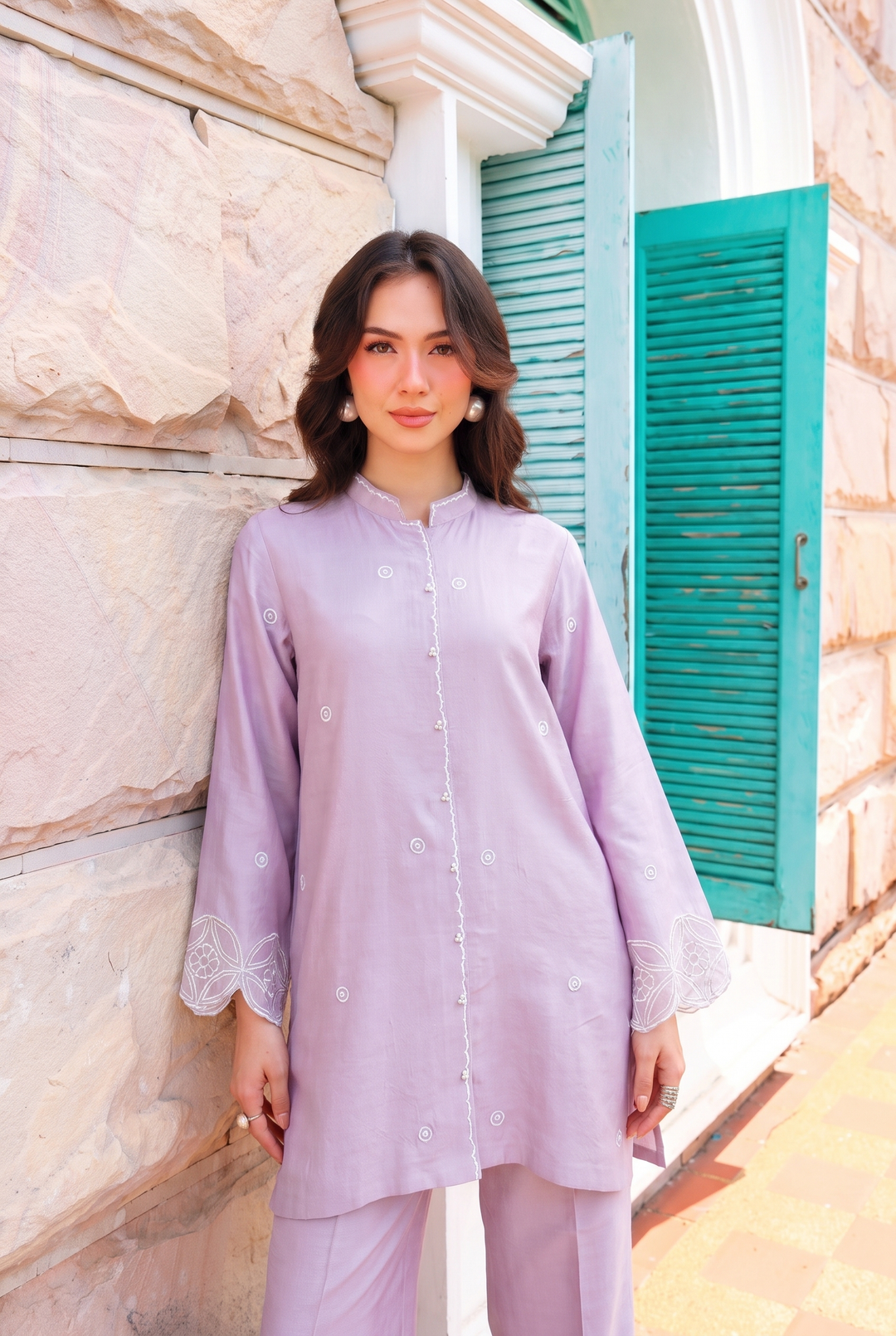 Elysian lilac rayon silk 2-piece co-ord with white floral embroidery | Panache West, view 1