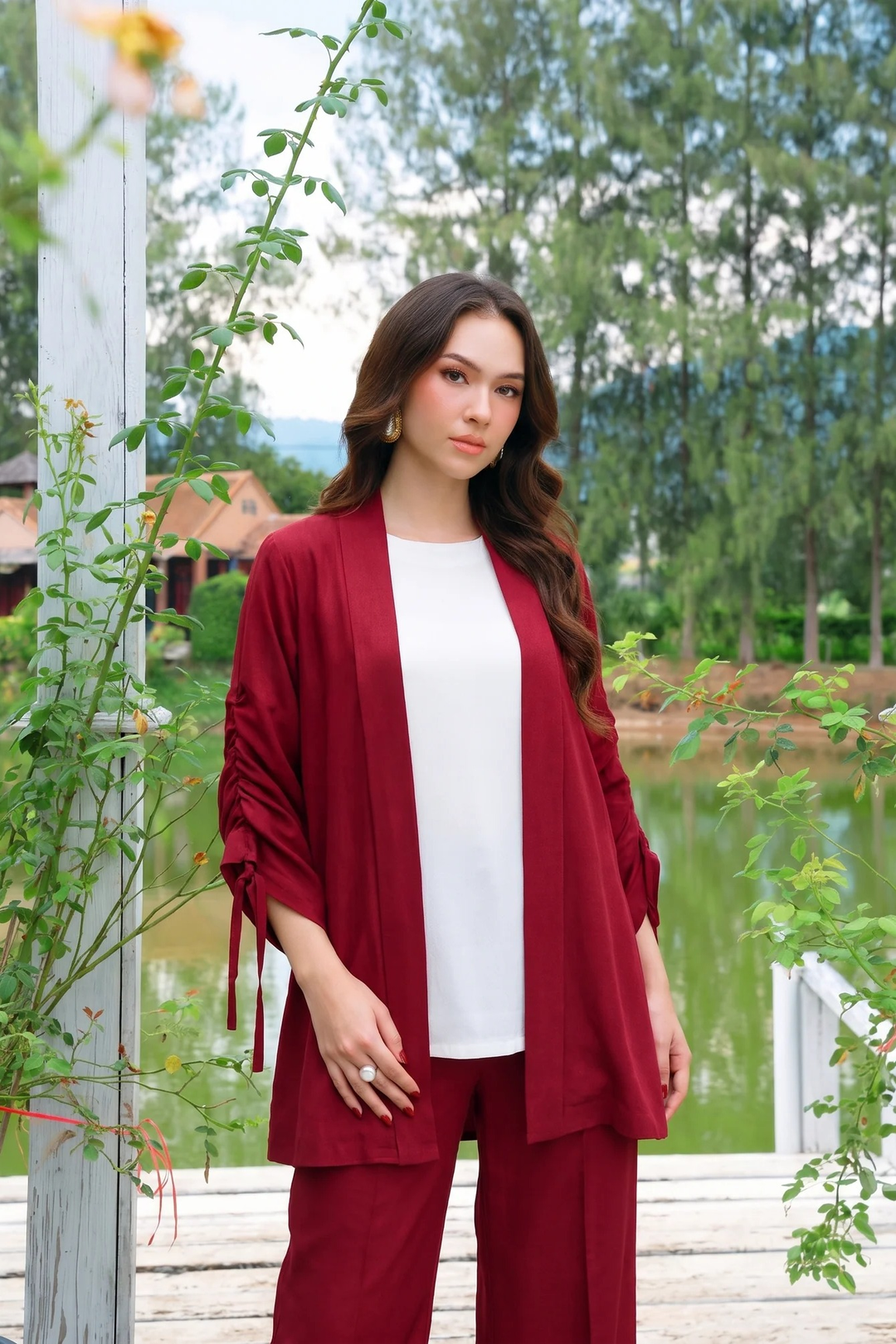 Velour maroon rayon silk 3-piece set with open-front jacket and white top | Panache West, view 1