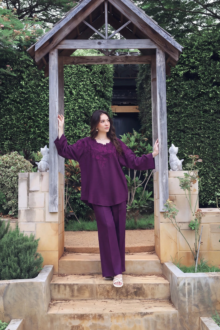 Mulberry purple rayon silk 2-piece co-ord with tonal floral embroidery | Panache West, view 2