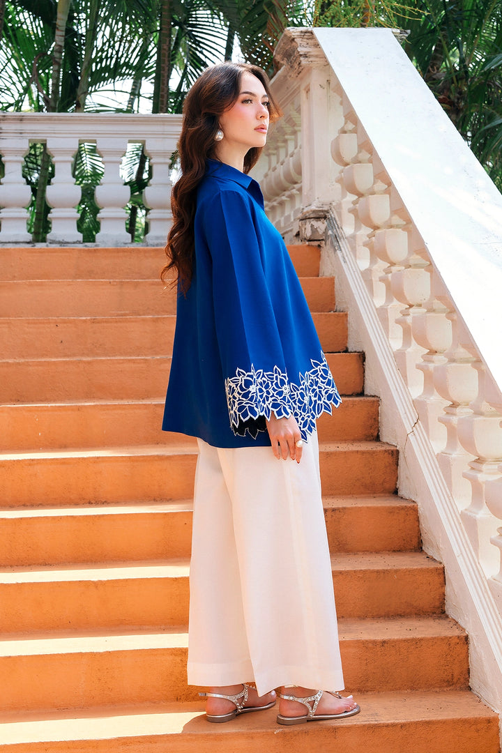 Fitted royal blue and ivory rayon silk 2-piece co-ord with white cutwork | Panache West, view 3