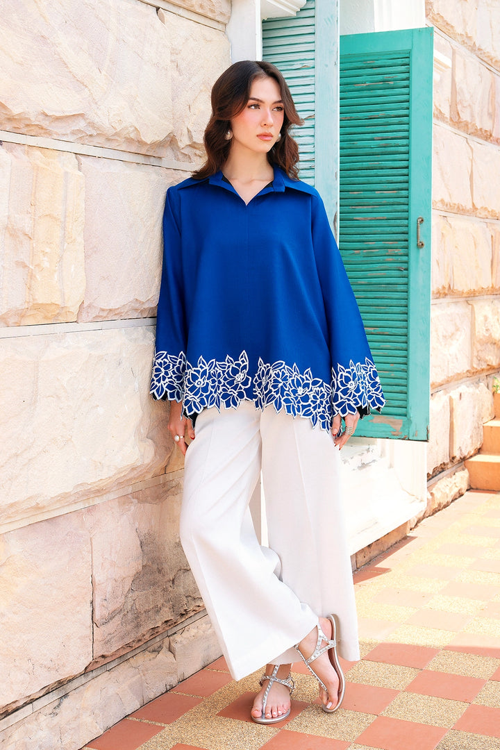 Fitted royal blue and ivory rayon silk 2-piece co-ord with white cutwork | Panache West, view 4