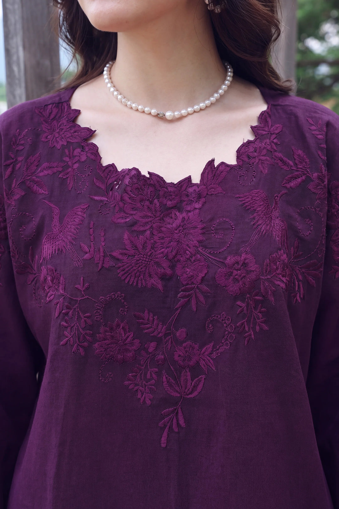 Mulberry purple rayon silk 2-piece co-ord with tonal floral embroidery | Panache West, view 3