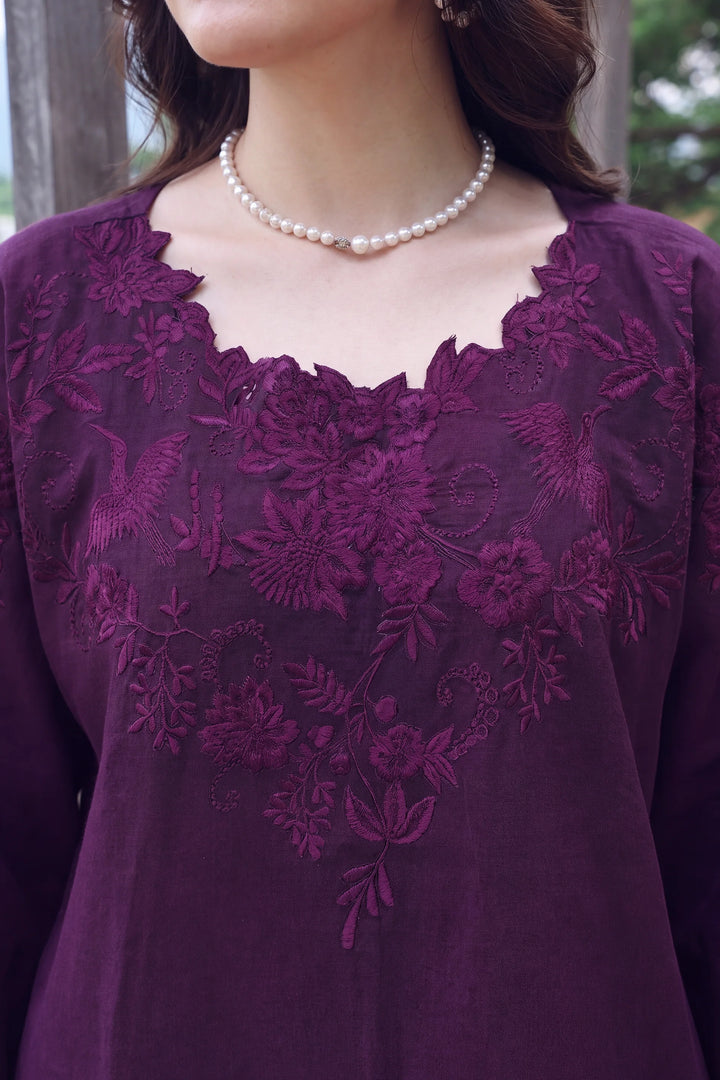 Mulberry purple rayon silk 2-piece co-ord with tonal floral embroidery | Panache West, view 3