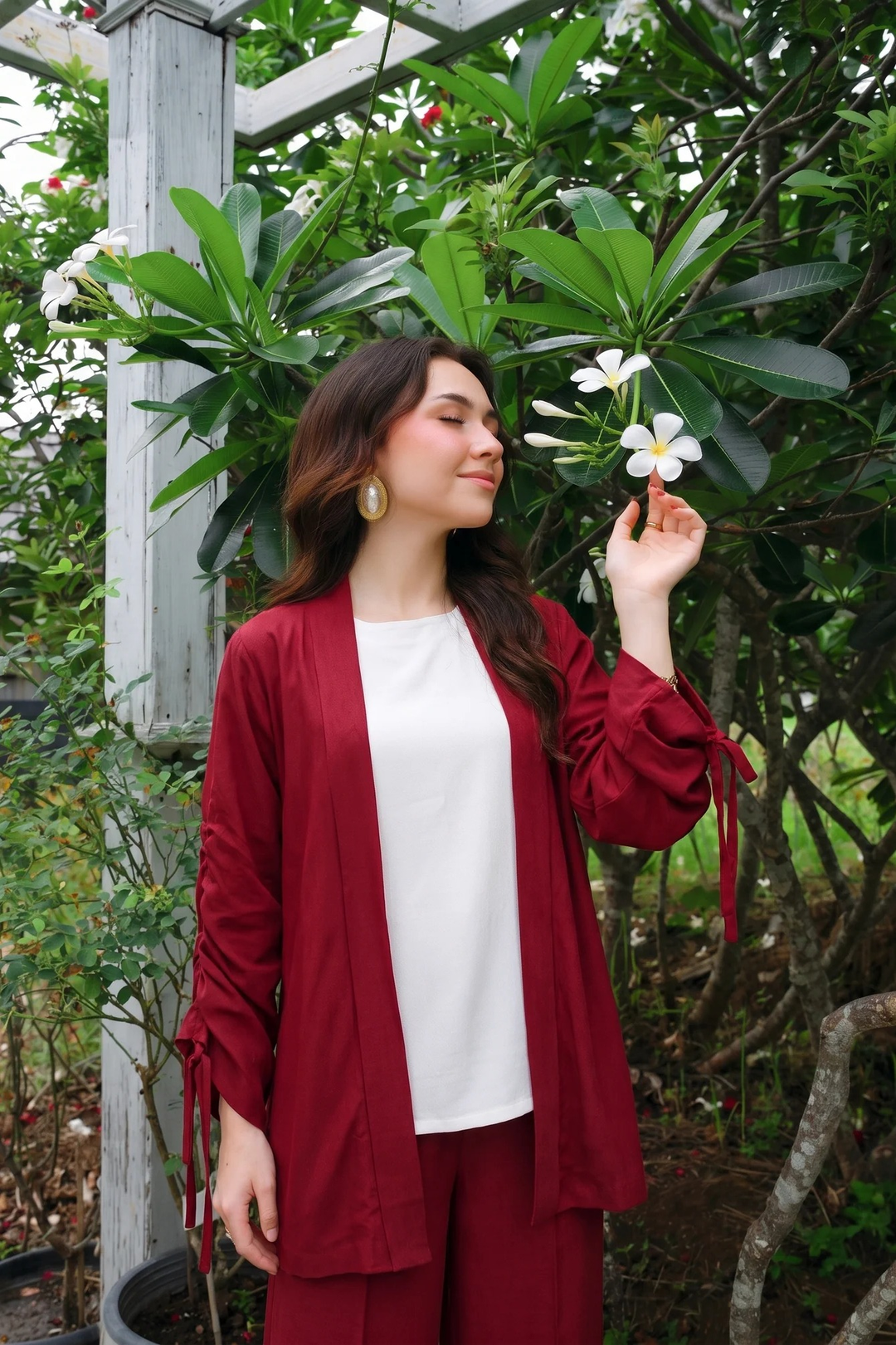 Velour maroon rayon silk 3-piece set with open-front jacket and white top | Panache West, view 2
