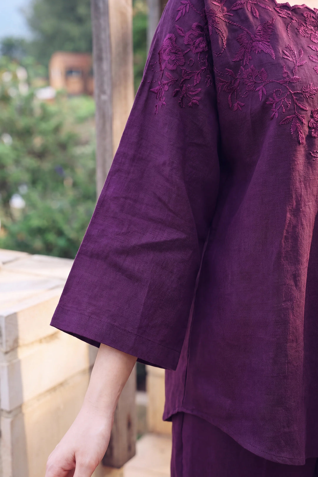 Mulberry purple rayon silk 2-piece co-ord with tonal floral embroidery | Panache West, view 4