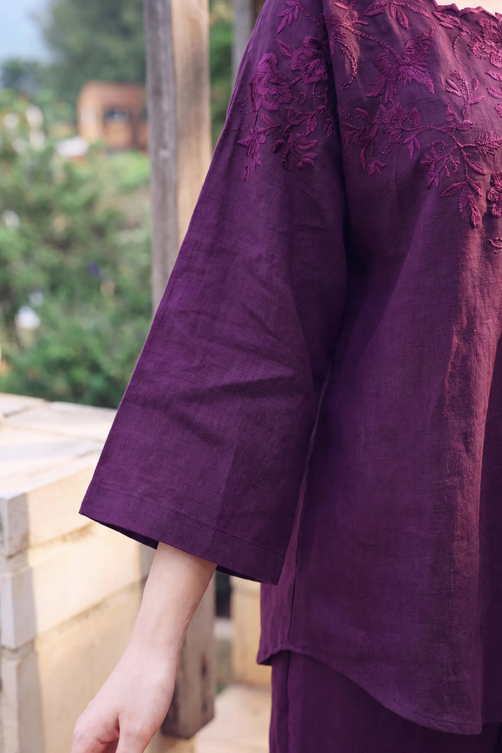 Mulberry purple rayon silk 2-piece co-ord with tonal floral embroidery | Panache West, view 4