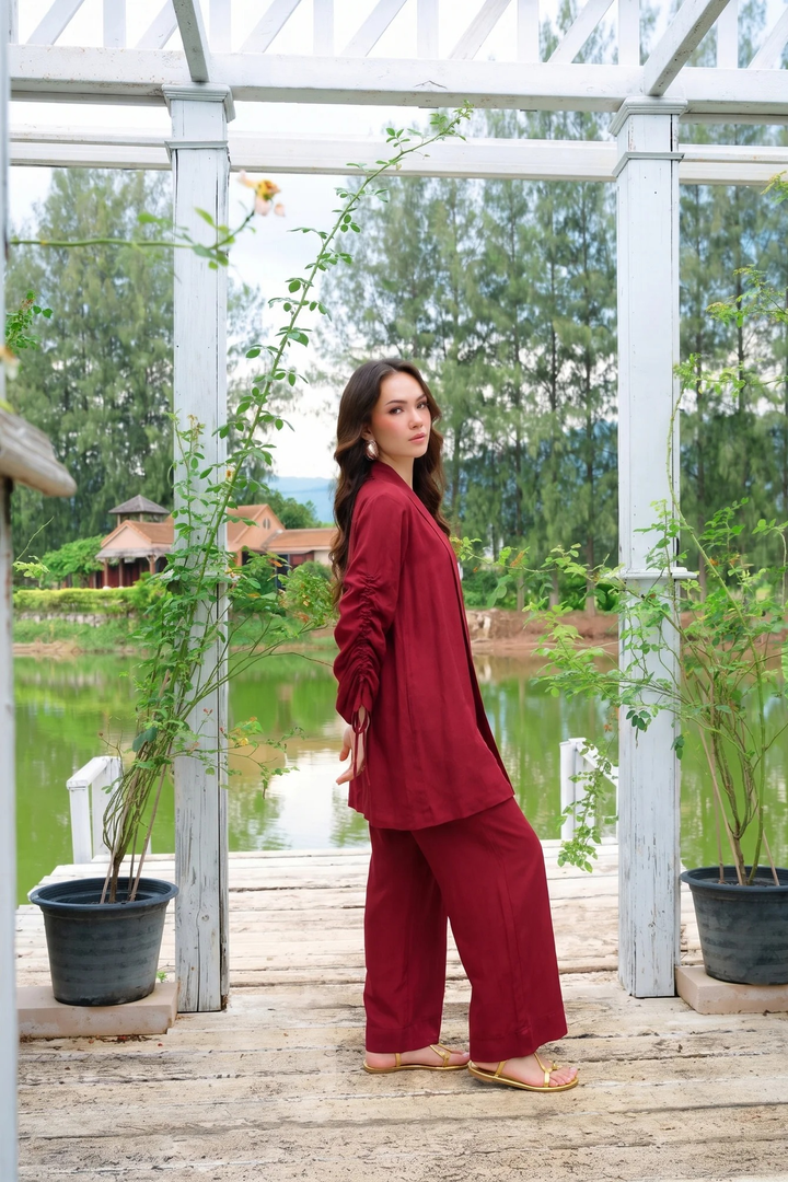 Velour maroon rayon silk 3-piece set with open-front jacket and white top | Panache West, view 3