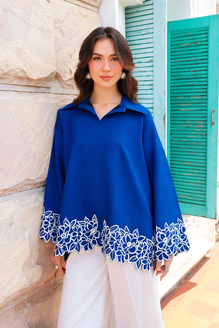 Fitted royal blue and ivory rayon silk 2-piece co-ord with white cutwork | Panache West, view 5