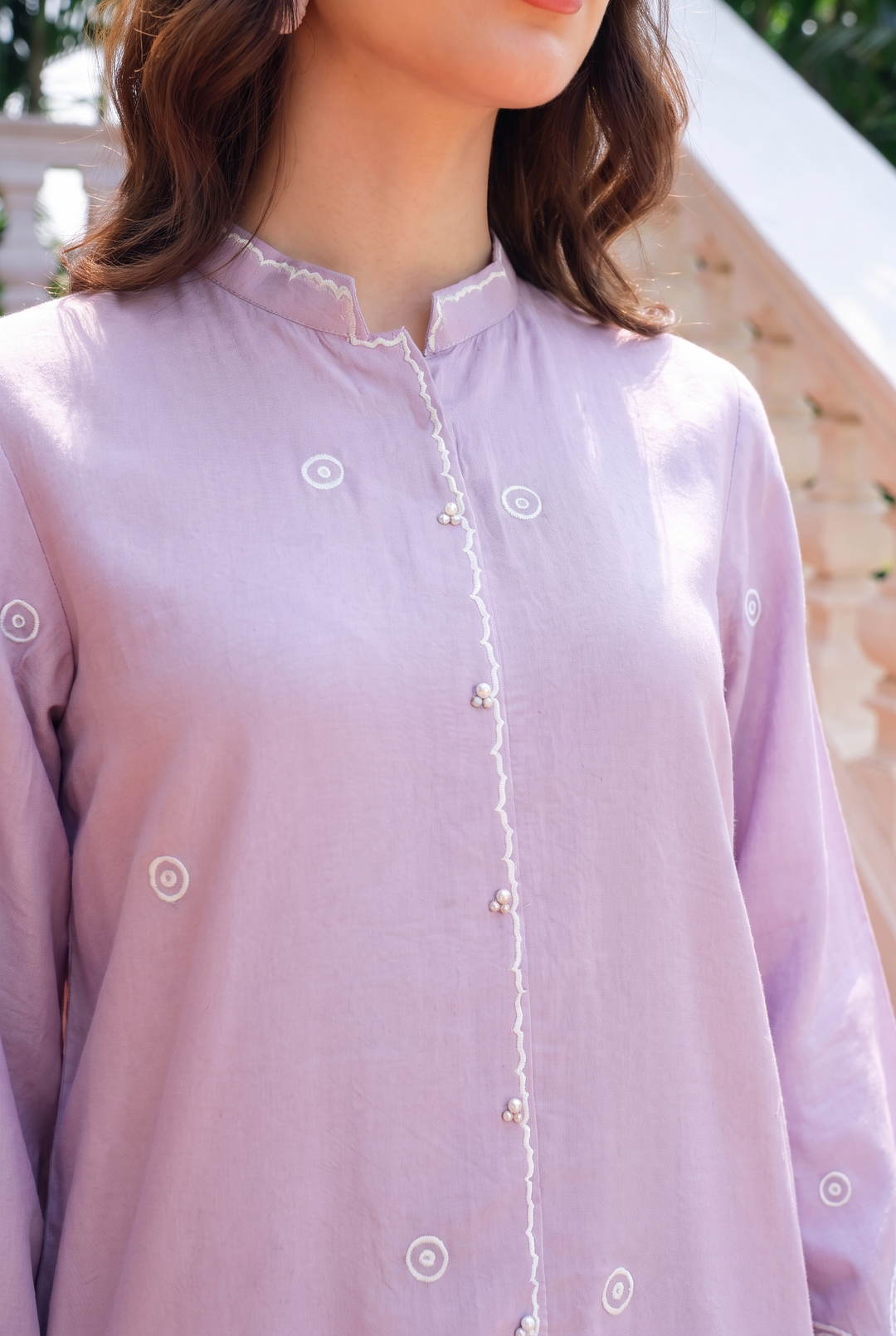 Elysian lilac rayon silk 2-piece co-ord with white floral embroidery | Panache West, view 4