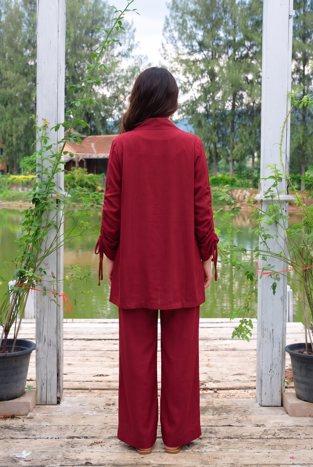 Velour maroon rayon silk 3-piece set with open-front jacket and white top | Panache West, view 4