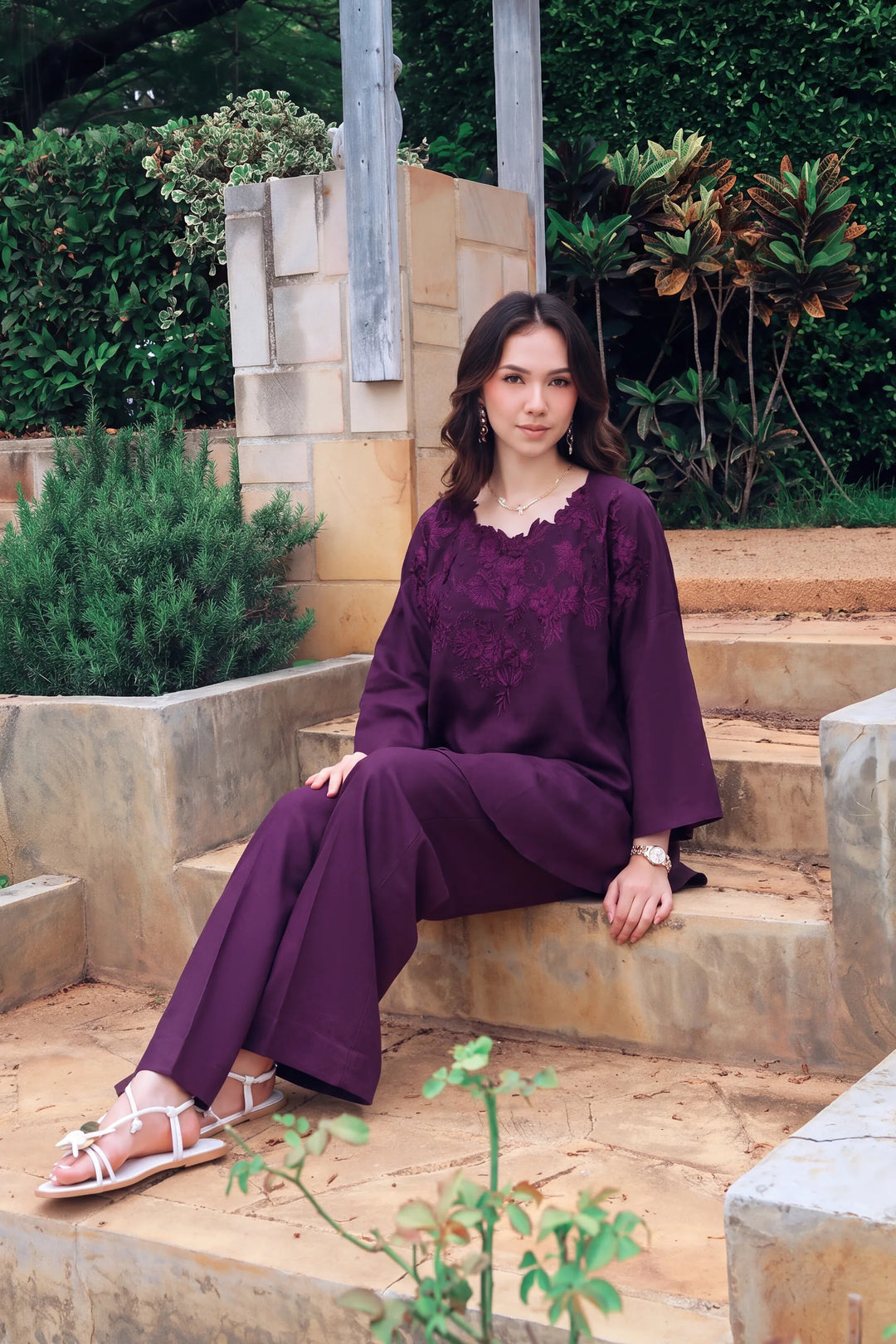 Mulberry purple rayon silk 2-piece co-ord with tonal floral embroidery | Panache West, view 5