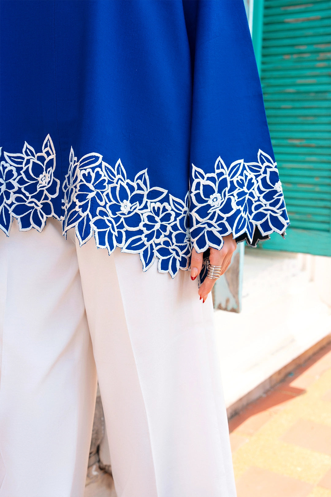 Fitted royal blue and ivory rayon silk 2-piece co-ord with white cutwork | Panache West, view 8