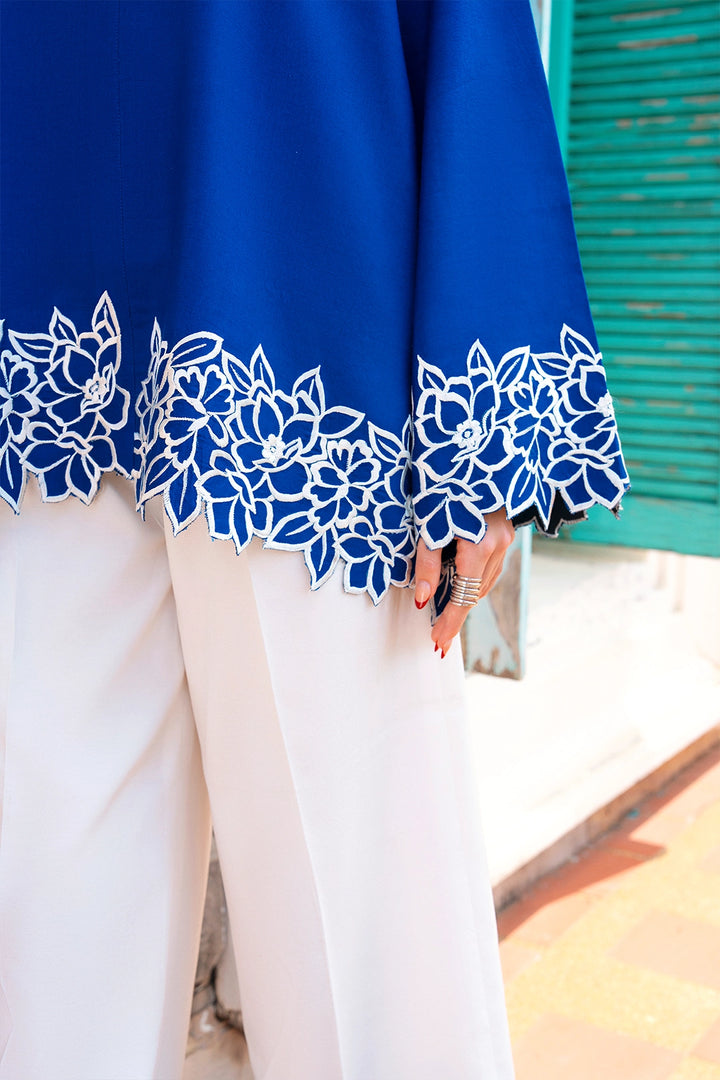 Fitted royal blue and ivory rayon silk 2-piece co-ord with white cutwork | Panache West, view 8
