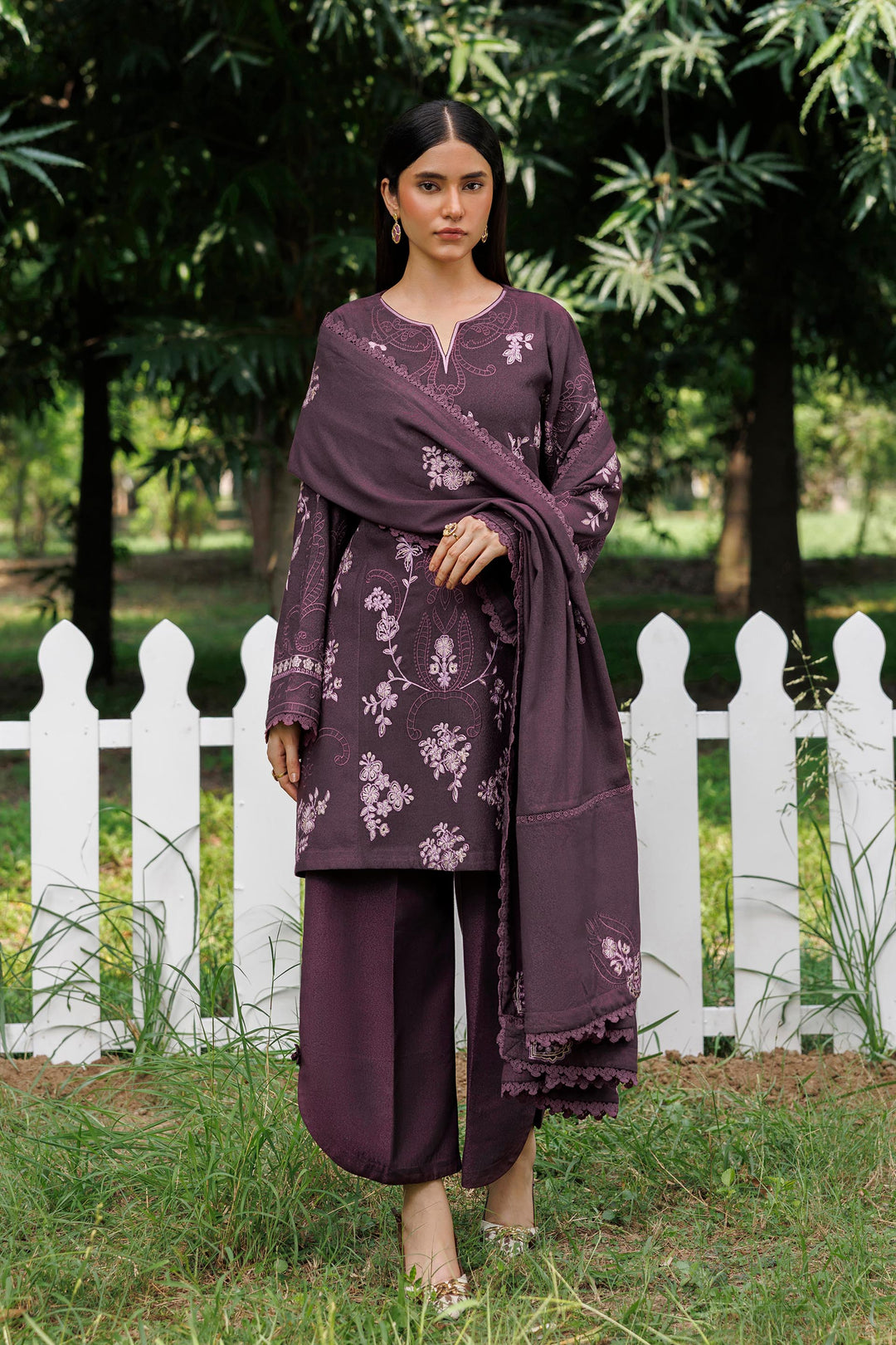 Plum Aura plum premium karandi 3-piece with shirt, trouser and shawl, Panache Apparel Winter Garden - image 3 of 11