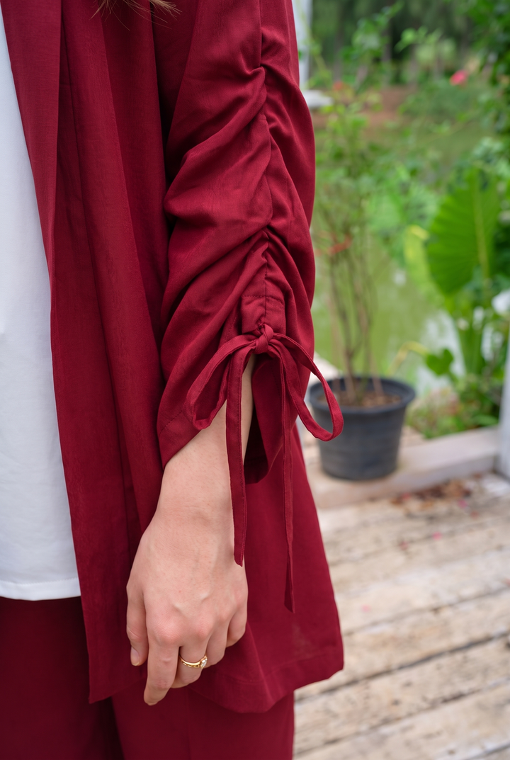 Velour maroon rayon silk 3-piece set with open-front jacket and white top | Panache West, view 5