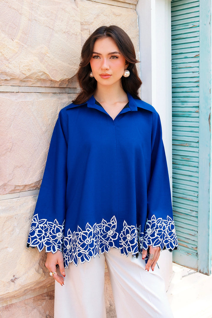 Fitted royal blue and ivory rayon silk 2-piece co-ord with white cutwork | Panache West, view 6
