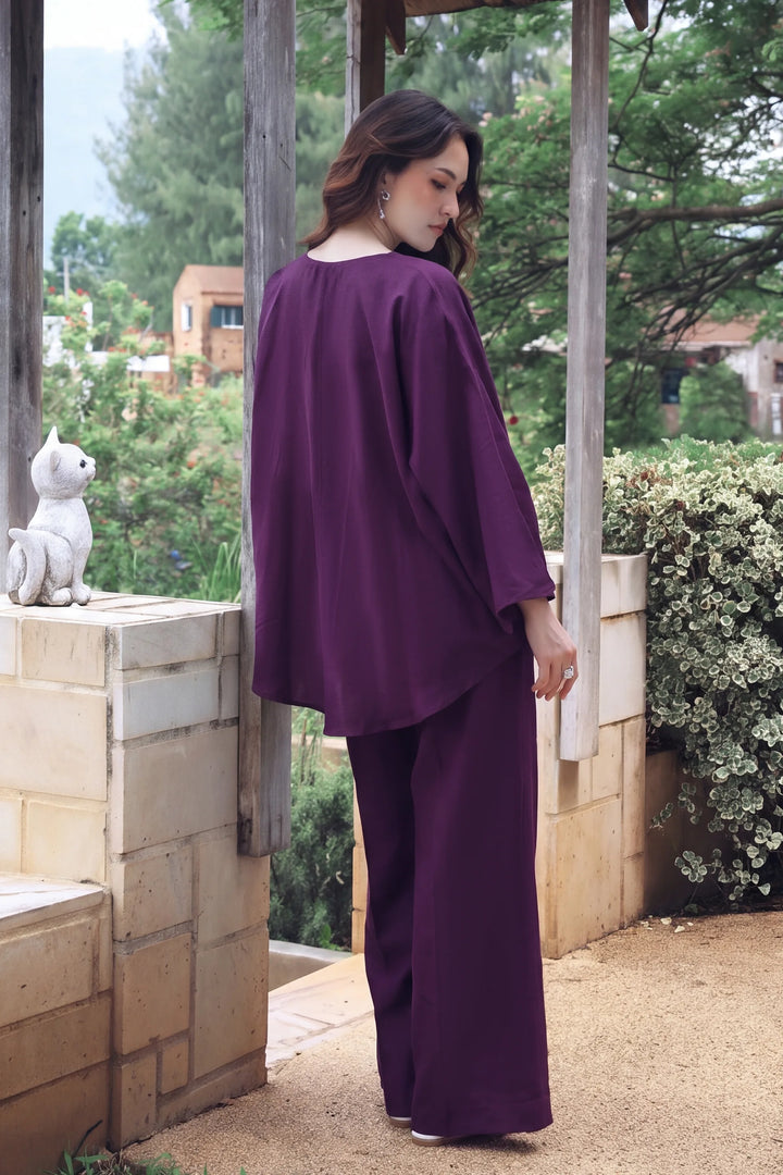 Mulberry purple rayon silk 2-piece co-ord with tonal floral embroidery | Panache West, view 6