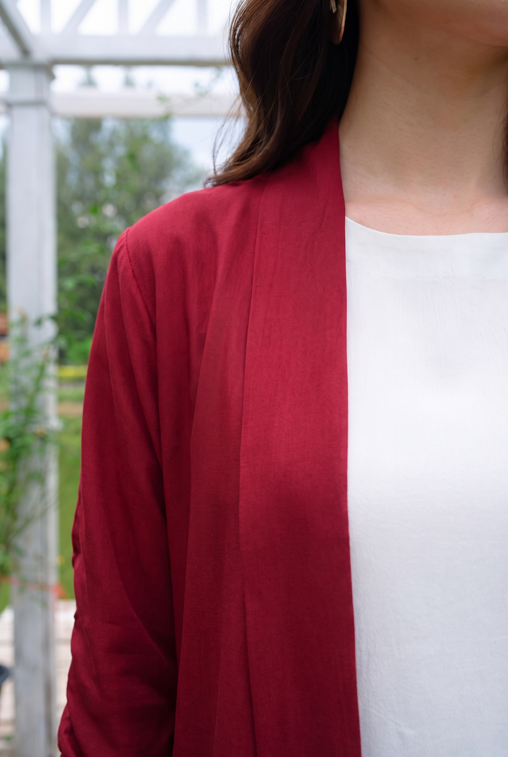 Velour maroon rayon silk 3-piece set with open-front jacket and white top | Panache West, view 6