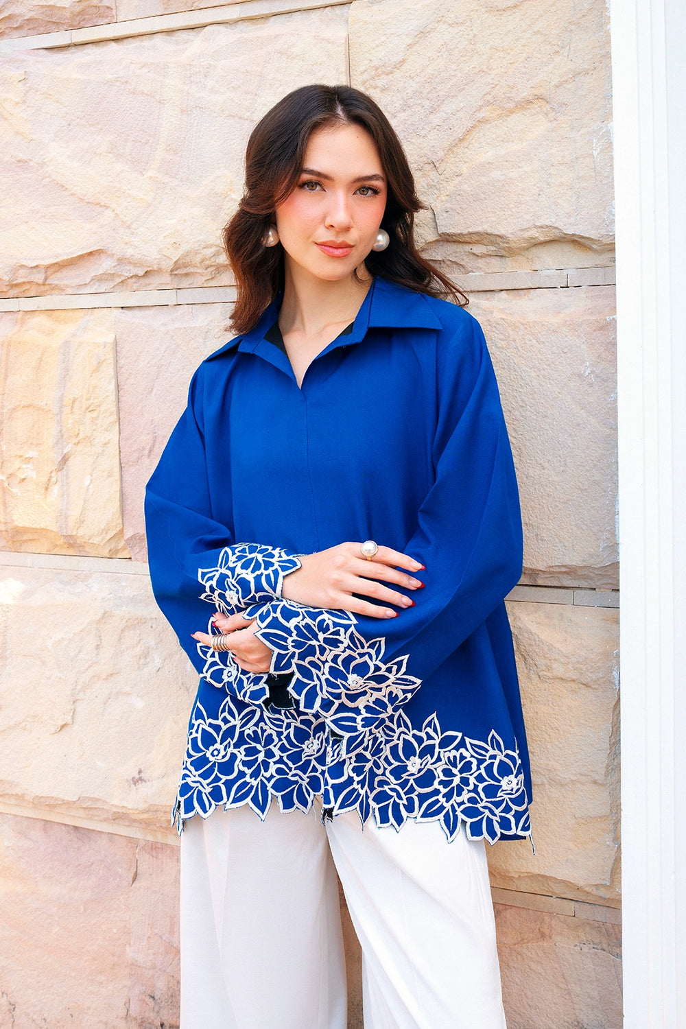 Fitted royal blue and ivory rayon silk 2-piece co-ord with white cutwork | Panache West, view 2