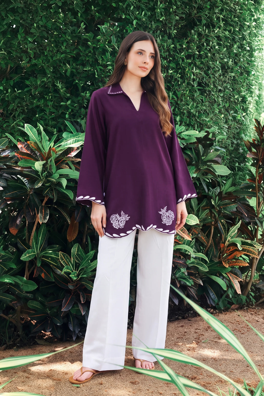 Rosalia plum and white rayon silk 2-piece co-ord with rose embroidery | Panache West, view 1
