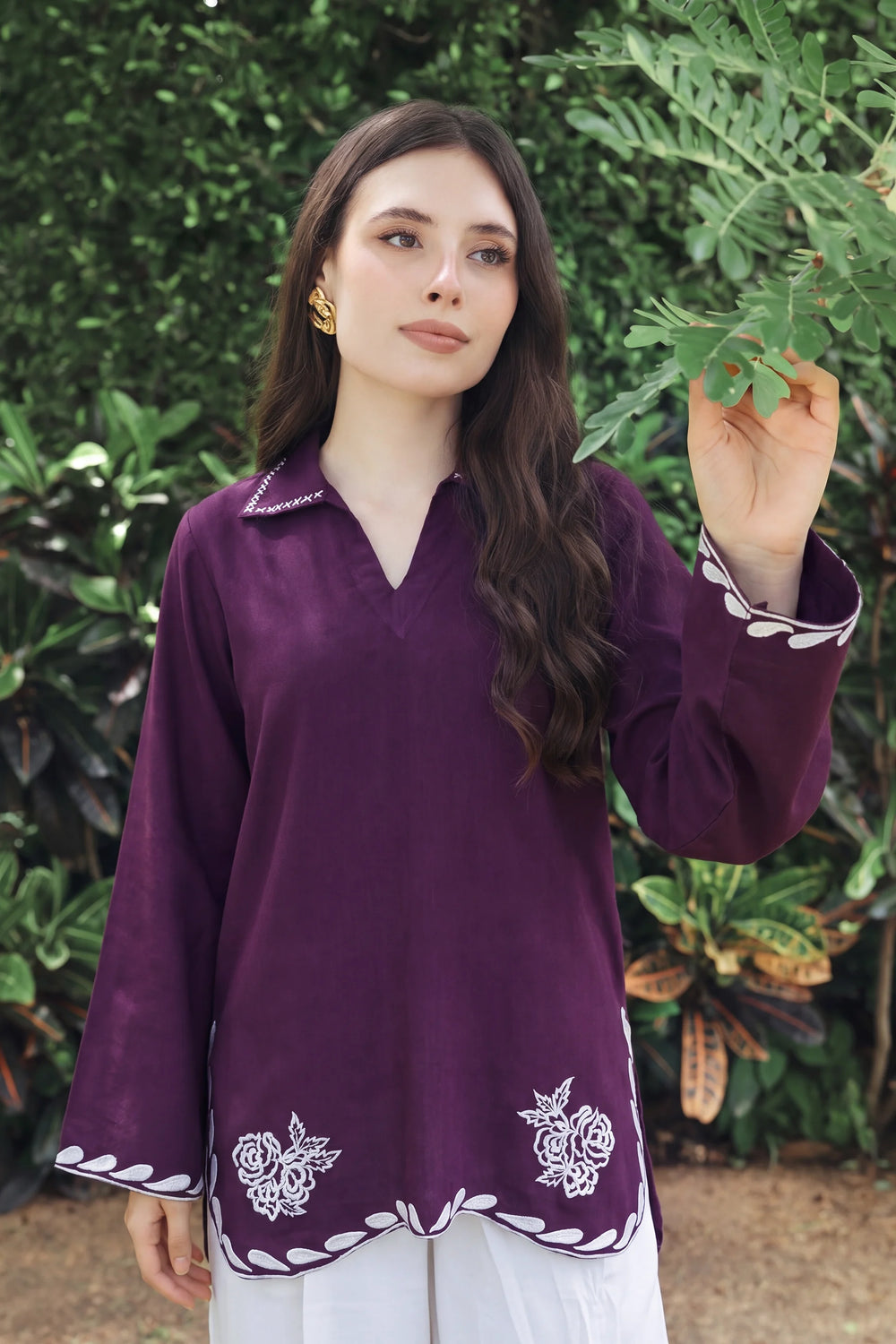 Rosalia plum and white rayon silk 2-piece co-ord with rose embroidery | Panache West, view 2