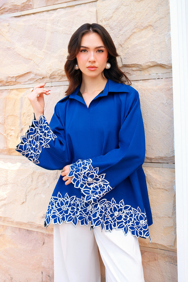 Fitted royal blue and ivory rayon silk 2-piece co-ord with white cutwork | Panache West, view 7