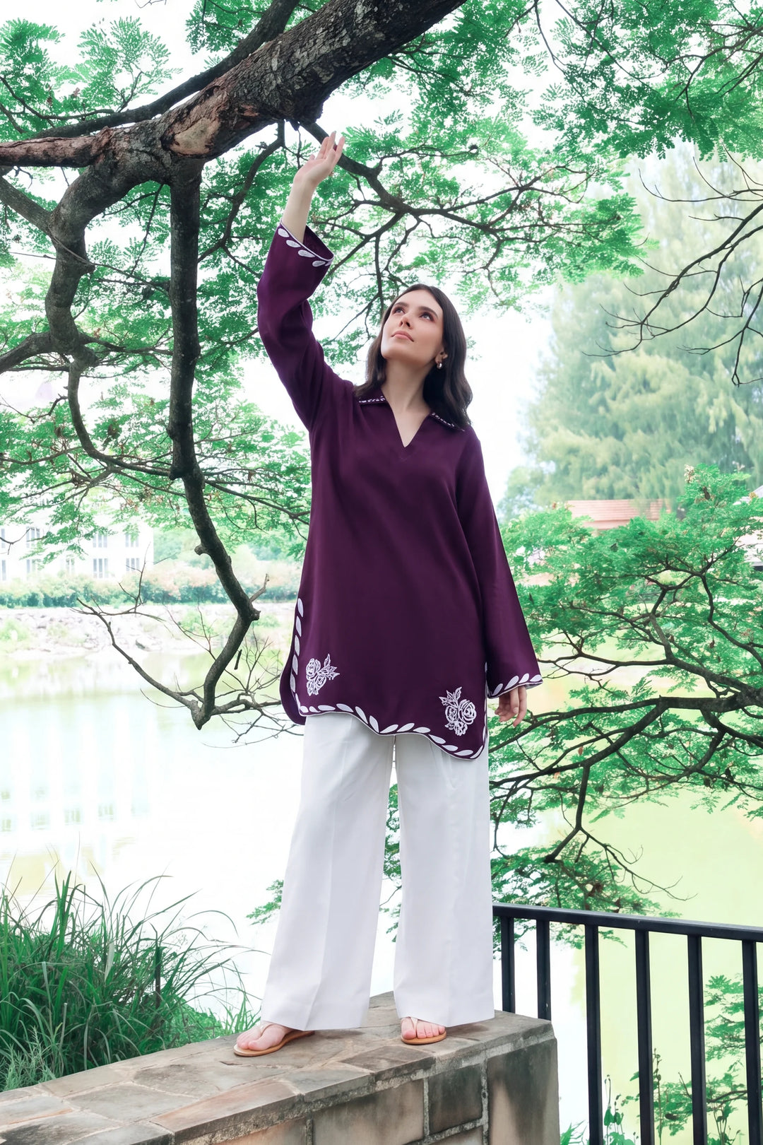 Rosalia plum and white rayon silk 2-piece co-ord with rose embroidery | Panache West, view 3