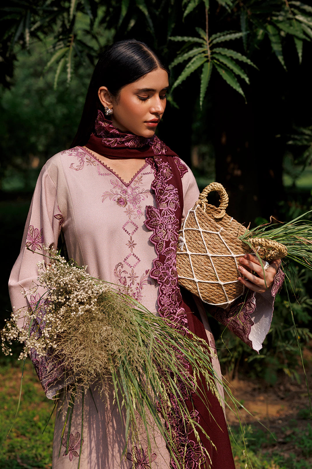 Vionne cream pink premium karandi 3-piece with plum shawl, Panache Apparel Winter Garden - image 8 of 8