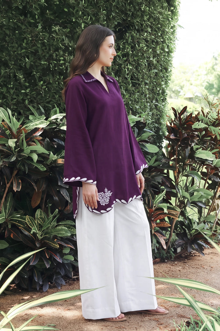 Rosalia plum and white rayon silk 2-piece co-ord with rose embroidery | Panache West, view 4