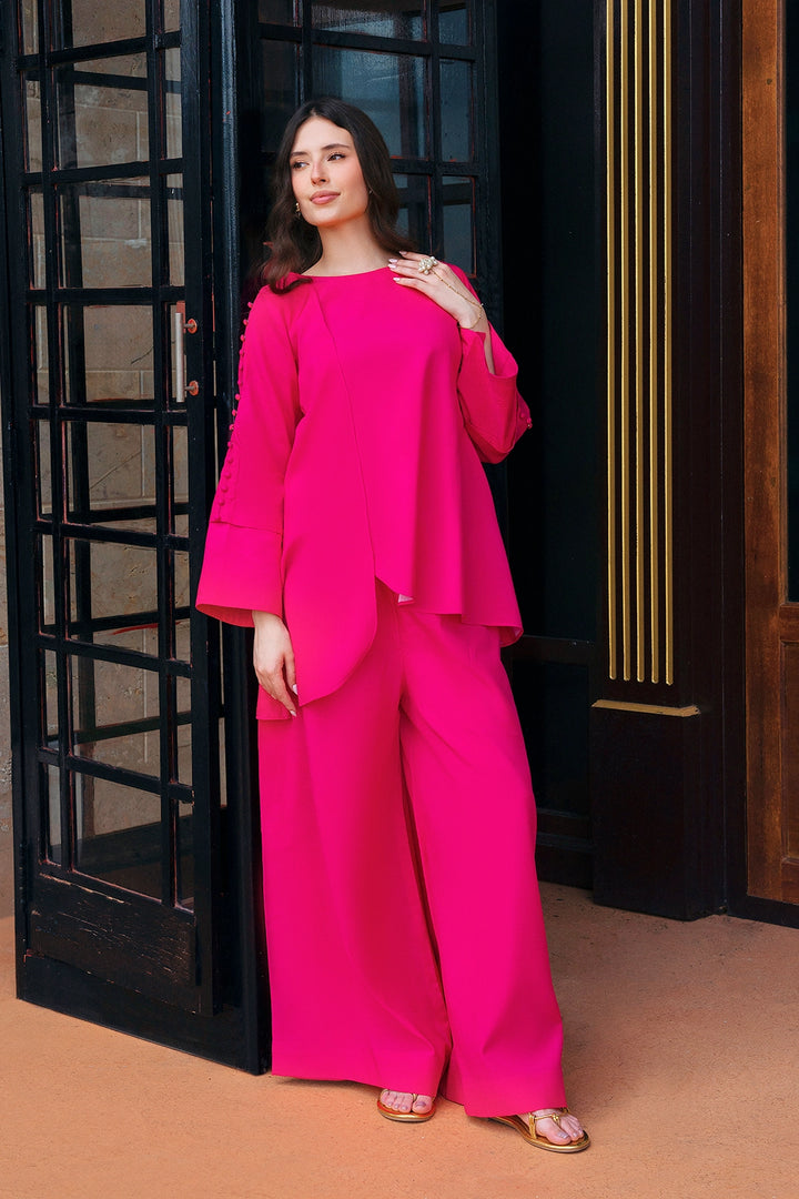 Passion fuchsia rayon silk 2-piece co-ord with high-low hem | Panache West, view 2