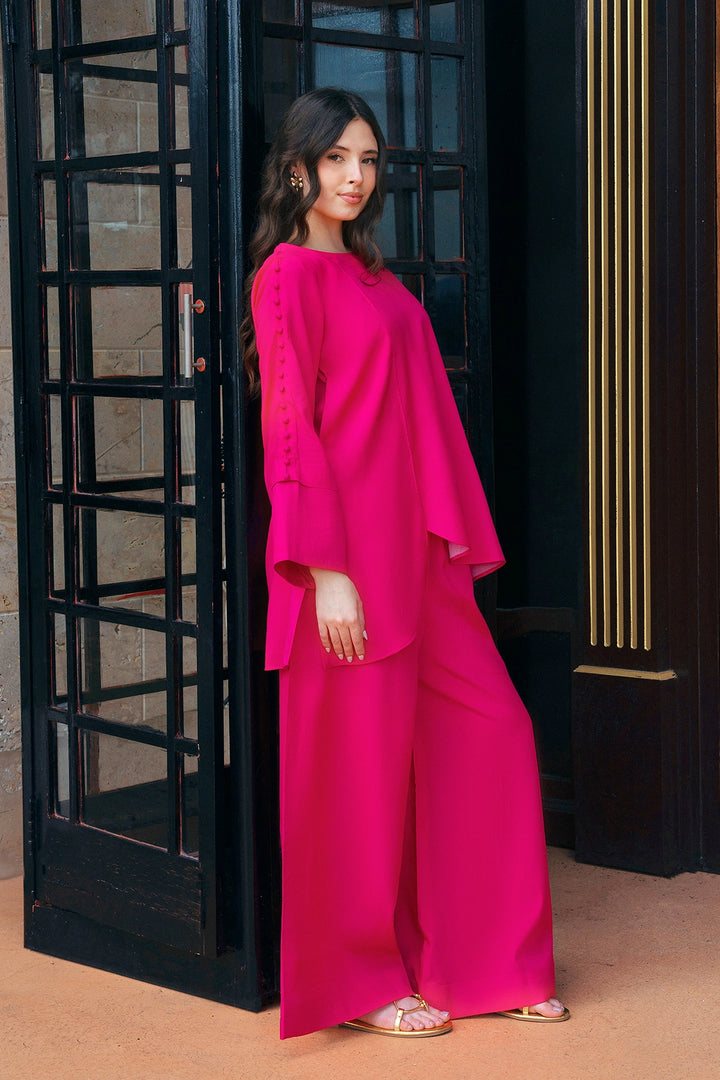 Passion fuchsia rayon silk 2-piece co-ord with high-low hem | Panache West, view 3