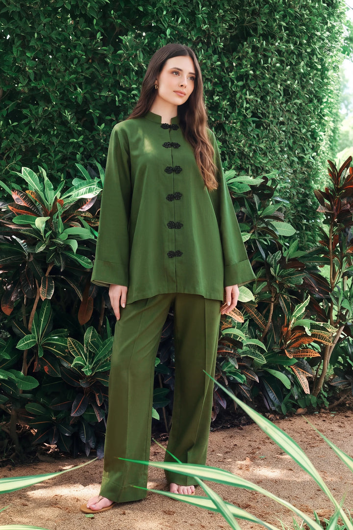 Zenna olive green rayon silk 2-piece co-ord with black knot-button closures | Panache West, view 1