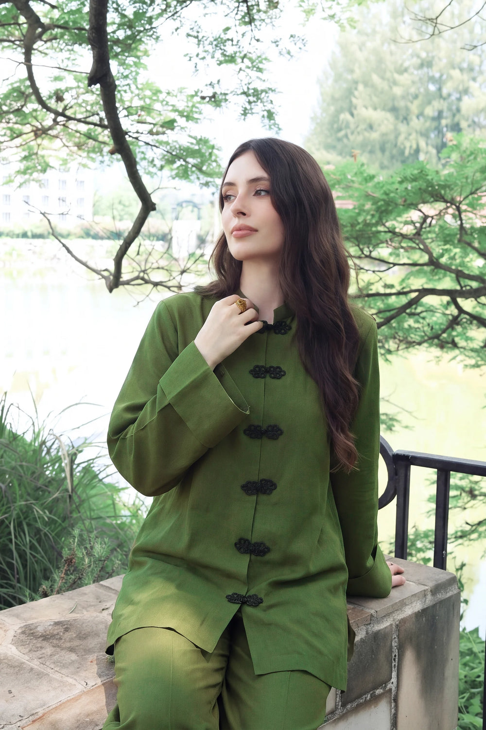 Zenna olive green rayon silk 2-piece co-ord with black knot-button closures | Panache West, view 2