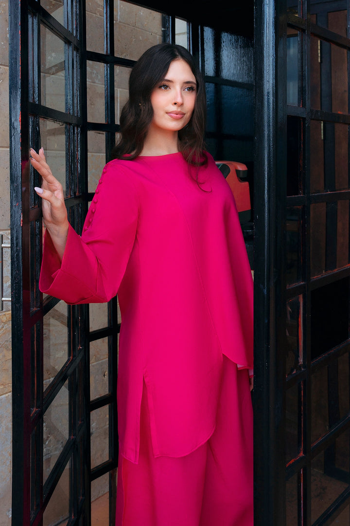 Passion fuchsia rayon silk 2-piece co-ord with high-low hem | Panache West, view 6