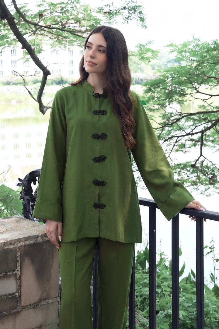 Zenna olive green rayon silk 2-piece co-ord with black knot-button closures | Panache West, view 3