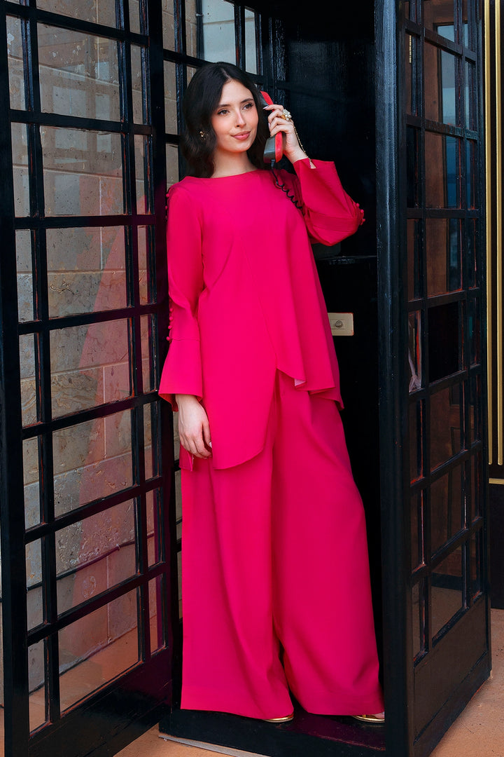 Passion fuchsia rayon silk 2-piece co-ord with high-low hem | Panache West, view 7
