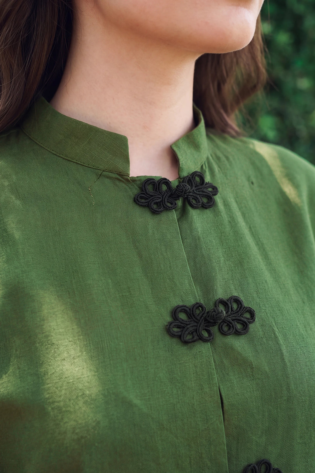 Zenna olive green rayon silk 2-piece co-ord with black knot-button closures | Panache West, view 4