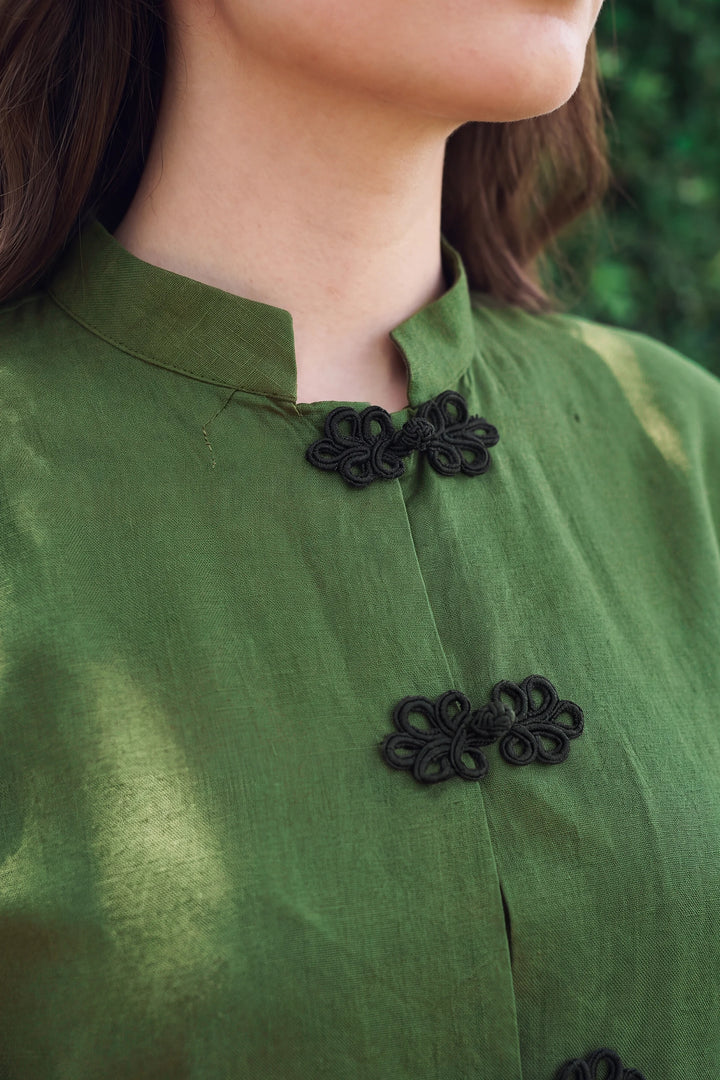 Zenna olive green rayon silk 2-piece co-ord with black knot-button closures | Panache West, view 4