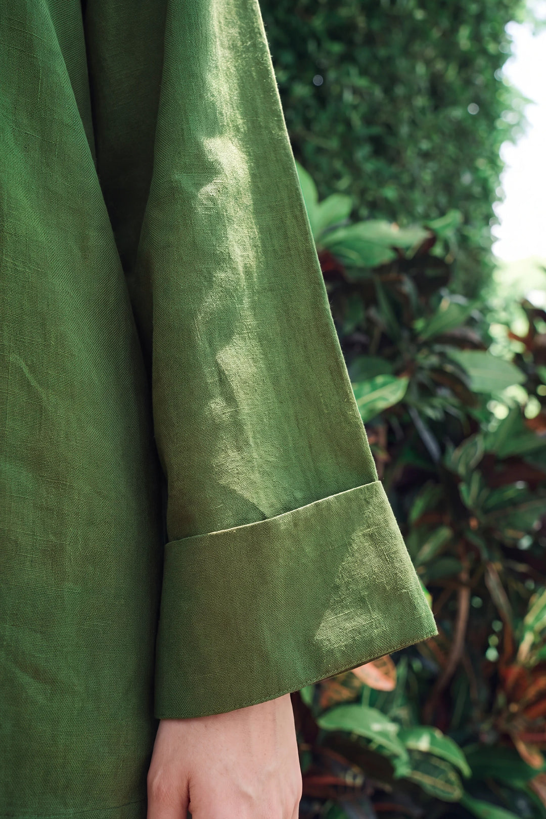 Zenna olive green rayon silk 2-piece co-ord with black knot-button closures | Panache West, view 5