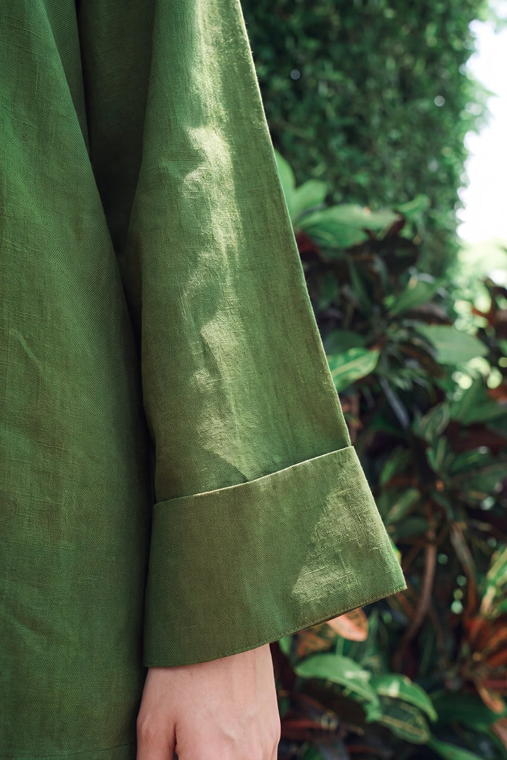 Zenna olive green rayon silk 2-piece co-ord with black knot-button closures | Panache West, view 5