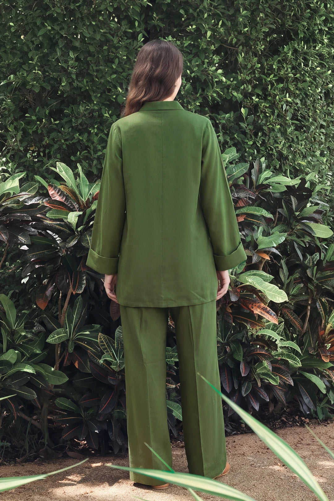 Zenna olive green rayon silk 2-piece co-ord with black knot-button closures | Panache West, view 6