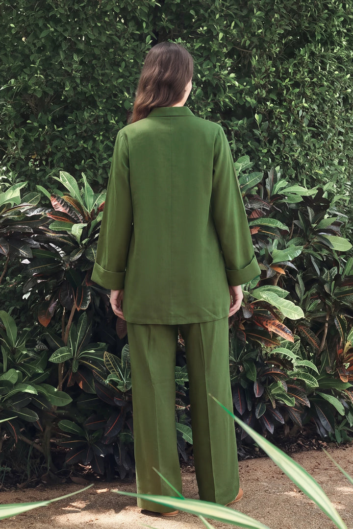 Zenna olive green rayon silk 2-piece co-ord with black knot-button closures | Panache West, view 6