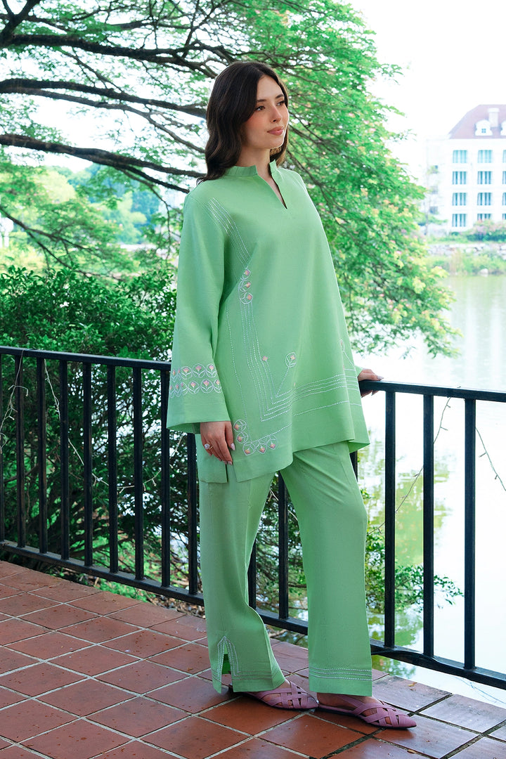 Pistachio green rayon silk 2-piece co-ord with white embroidery | Panache West, view 3