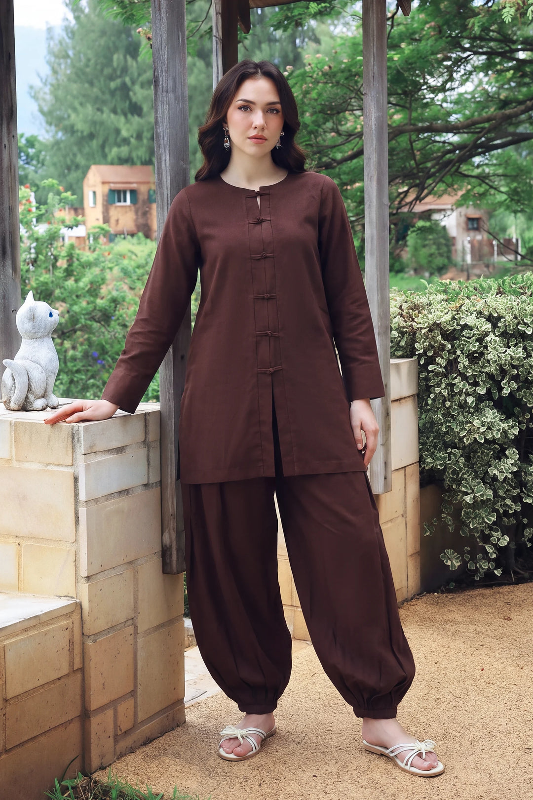 Truffle chocolate brown rayon silk 2-piece co-ord with knot-button shirt | Panache West, view 1