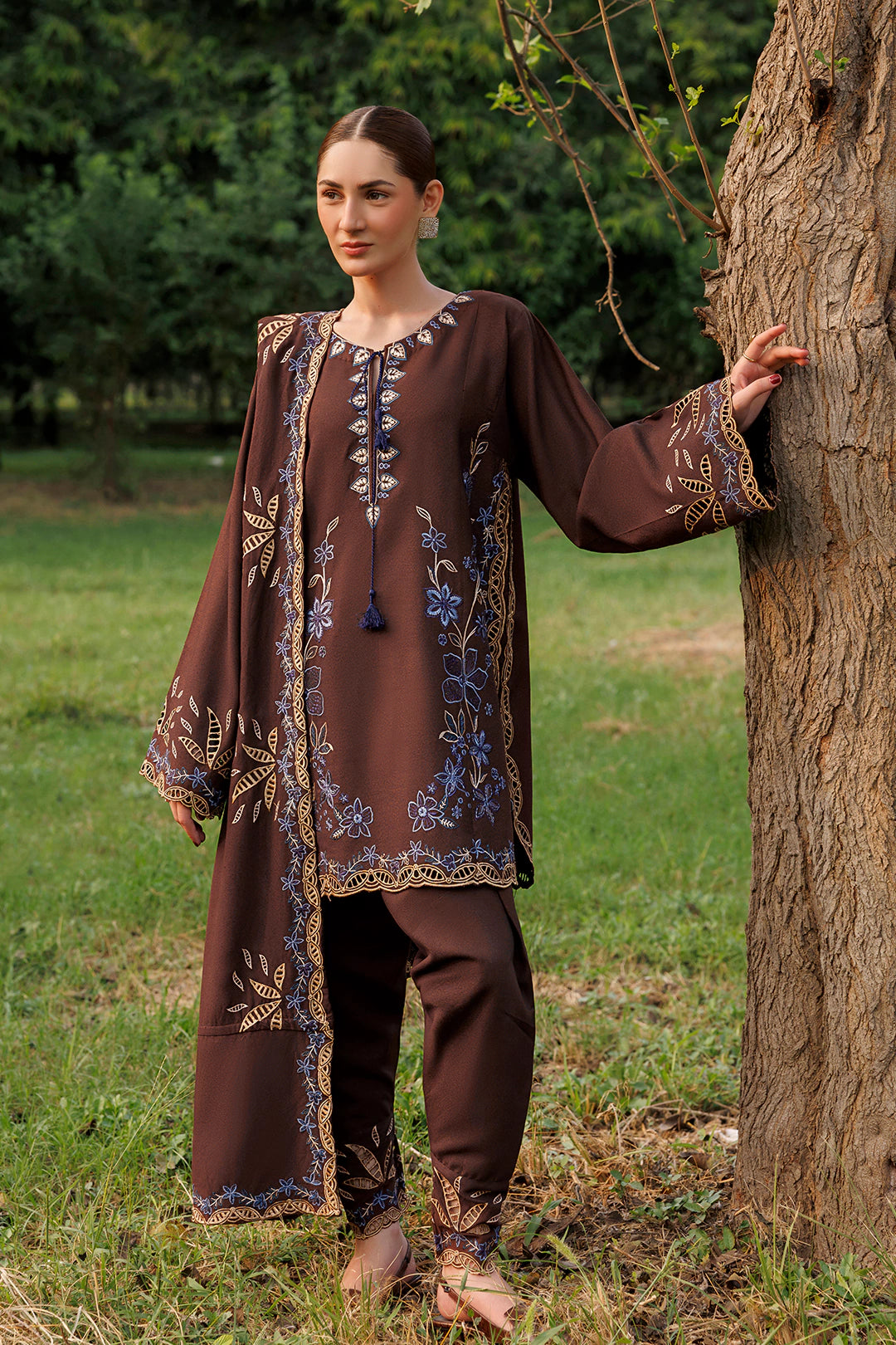 Cocoa Vine chocolate brown premium karandi 3-piece with shirt, trouser and shawl, Panache Apparel Winter Garden - image 2 of 7