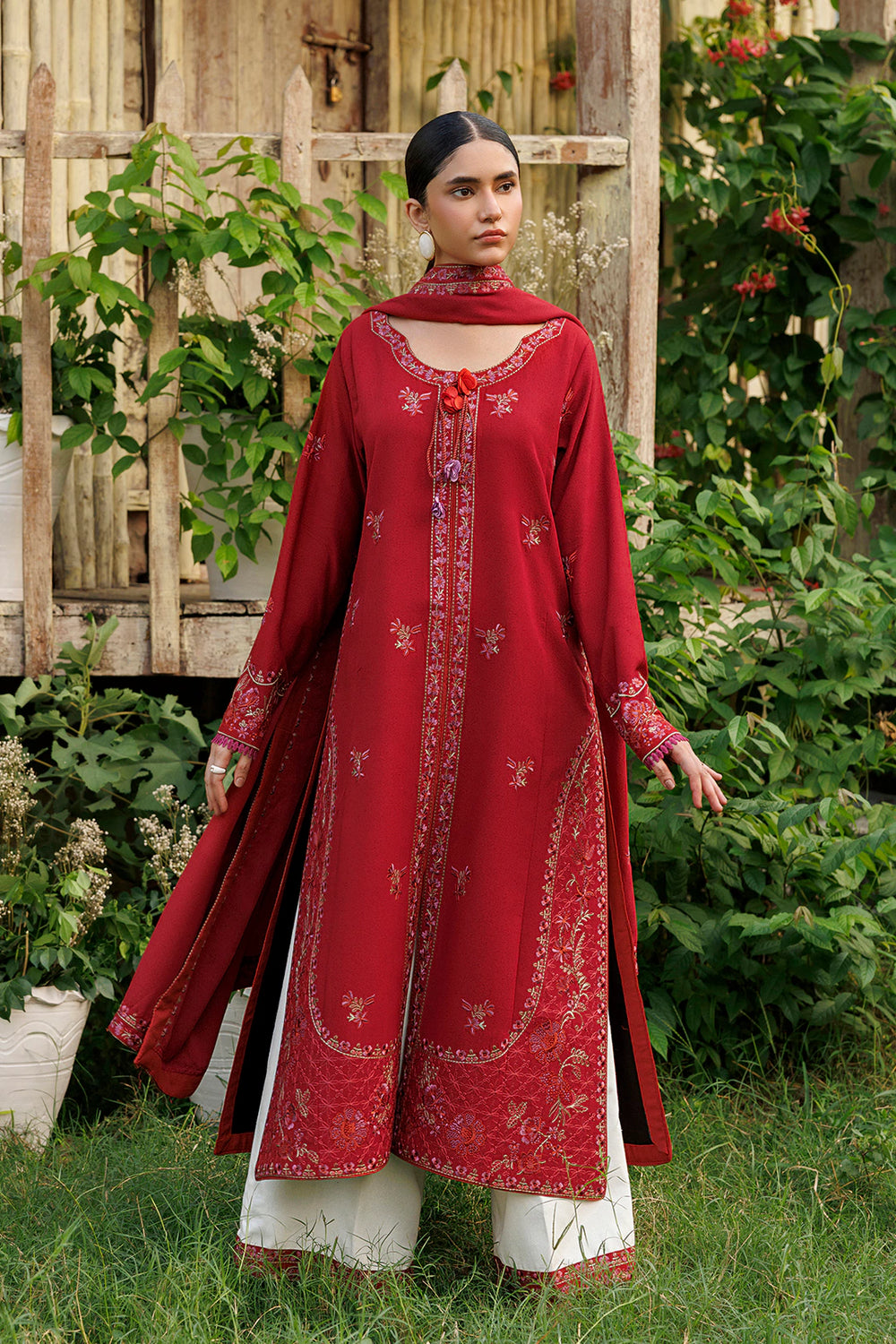 Crimson Grace crimson red premium karandi 3-piece with shirt, trouser and shawl, Panache Apparel Winter Garden - image 2 of 9