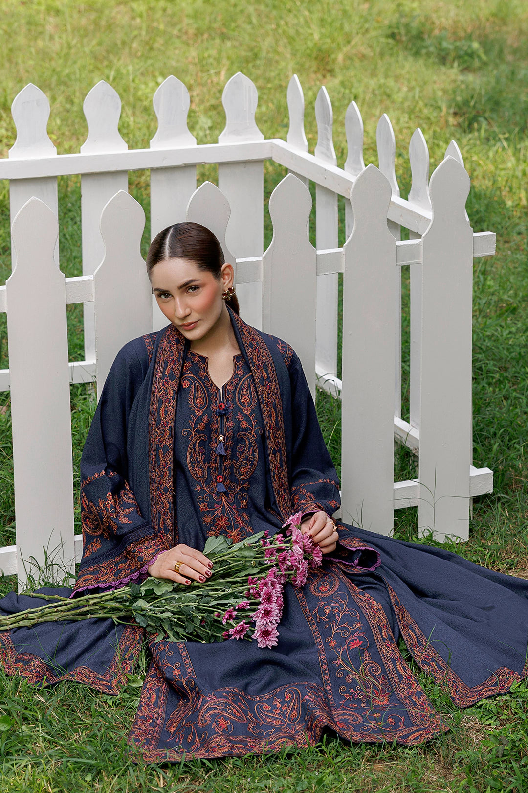 Midnight Paisley navy blue premium karandi 3-piece with shirt, trouser and shawl, Panache Apparel Winter Garden - image 6 of 13